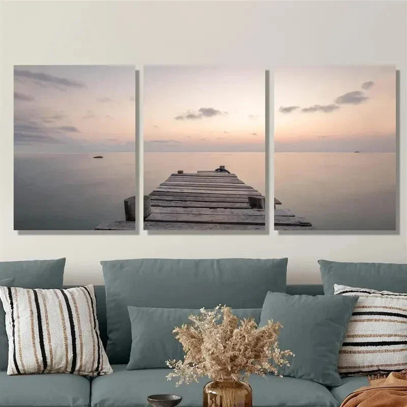 3pcs neutral coastal scenery, calm lake Metal Print Ready to Hang Art