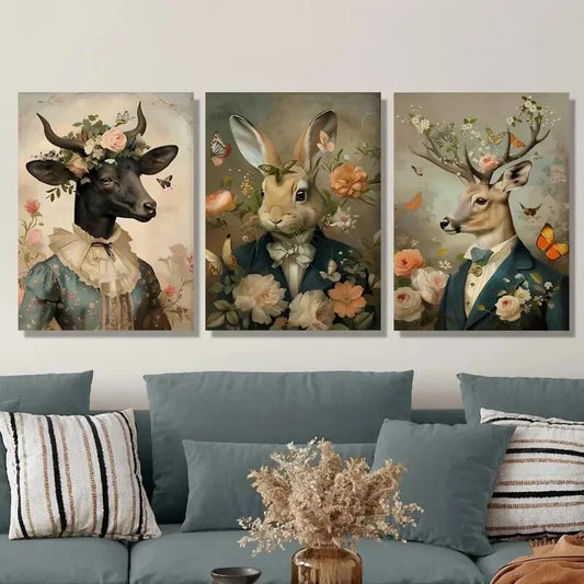 3pcs 2D Victorian Animal Portraits, Animal Wall Art Set Canvas Framed 40x60cm - High Quality Print 100% Australian Made Wall Canvas Ready to Hang