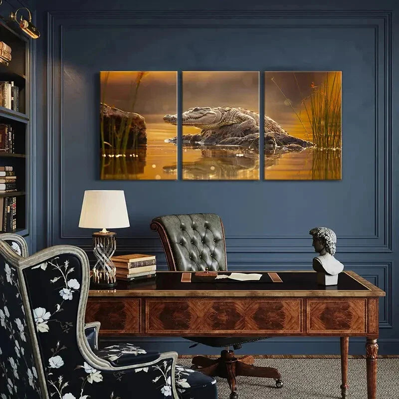 3pcs Wildlife Crocodile Scene Metal Print Ready to Hang Art