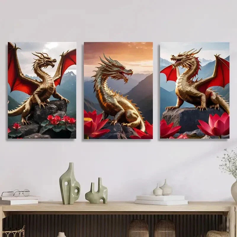 3pcs Golden Dragons with Red Wings, Metal Print Ready to Hang Art