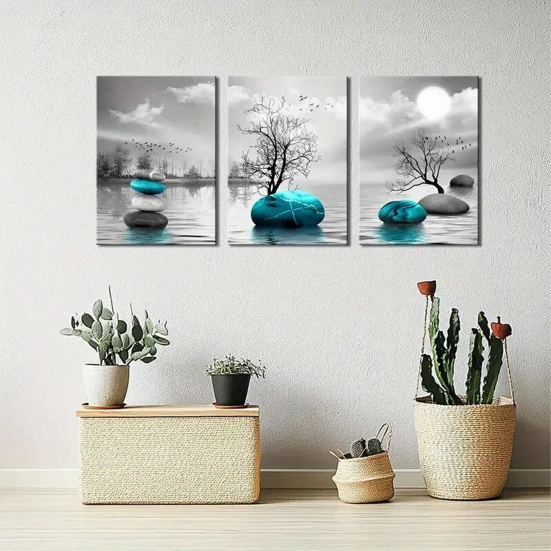 3pcs Red Tree of Life Teal Beach and Stones, Metal Print Ready to Hang Art
