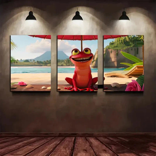 3pcs Smiling Red Peach Frog Beach Metal Print Ready to Hang Art