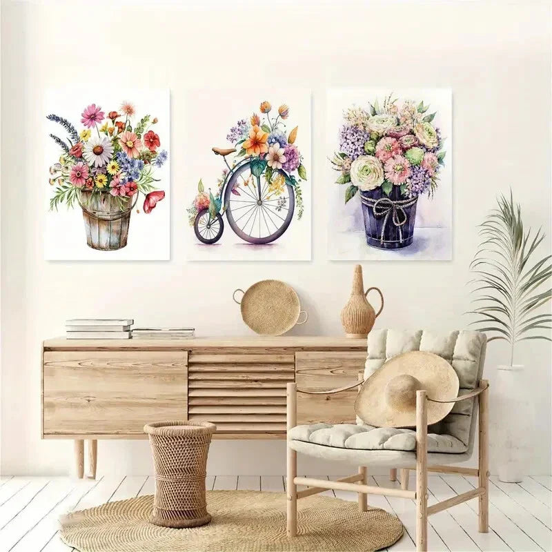 3pcs Bicycle and Floral Watercolor Metal Print Ready to Hang Art