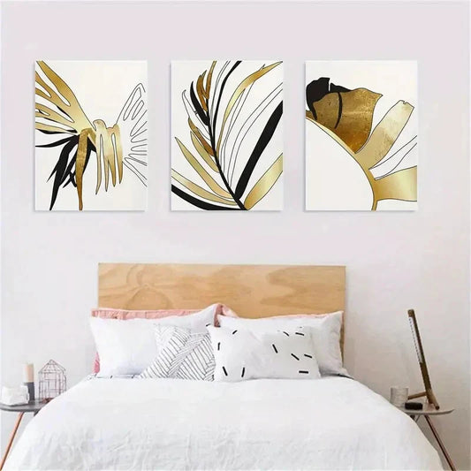 3pcs Black and Golden Modern Botanical Design Metal Print Ready to Hang Art