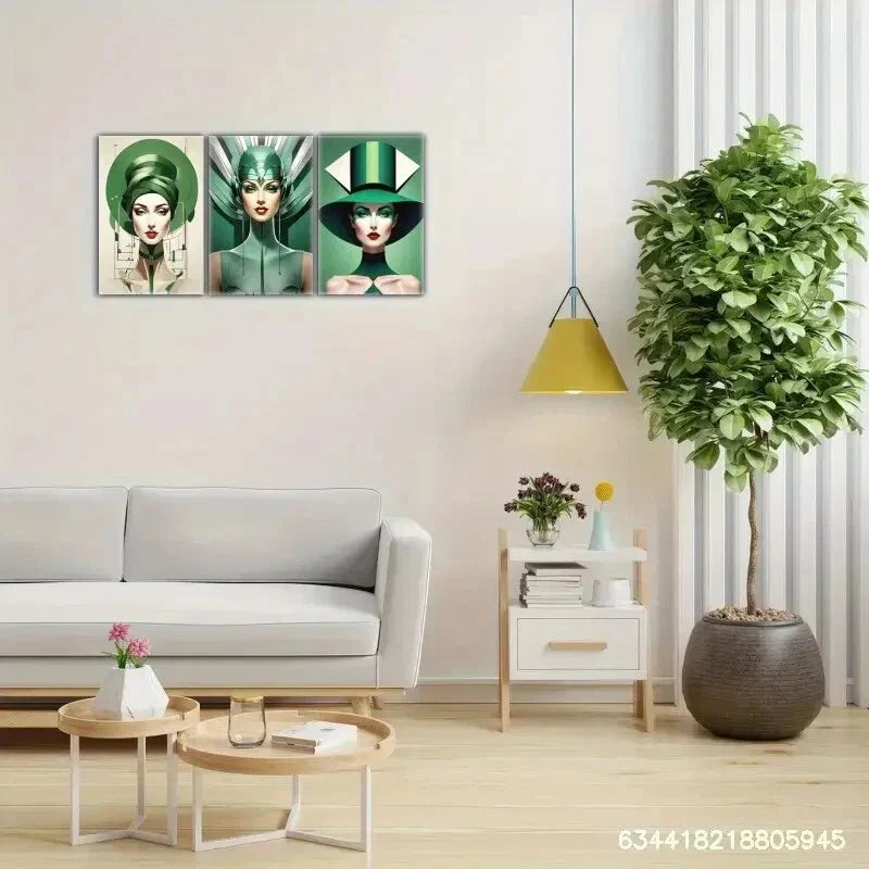 3pcs Goddess, Avantgarde Green Elegance Metal Print Ready to Hang Art