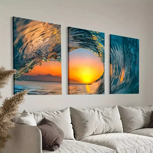 3pcs Ocean Great Wave Surfing and Sunset Canvas Framed 40x60cm - High Quality Print 100% Australian Made Wall Canvas Ready to Hang