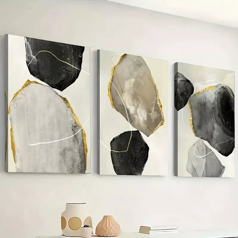 3pcs Featuring Abstract Modern Stone Gold Black Wall Art Set Canvas Framed 40x60cm - High Quality Print 100% Australian Made Wall Canvas Ready to Hang