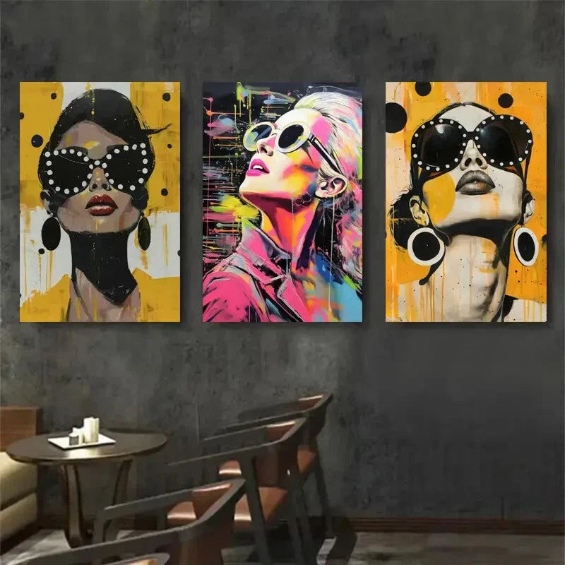 3pcs Stylish Women with Bold Fashion Glasses Metal Print Ready to Hang Art