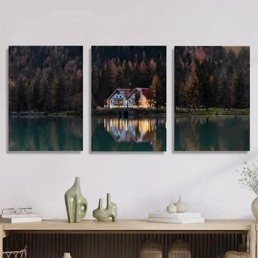 3pcs Tranquil Lakeside Villas Reflection Metal Print Ready to Hang Art