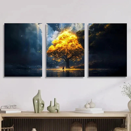 3pcs Magnificent Tree with Glowing Leaves Metal Print Ready to Hang Art
