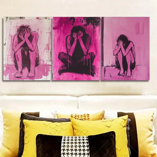 3pcs Pink Trouble Modern Classic Paintings Metal Print Ready to Hang Art