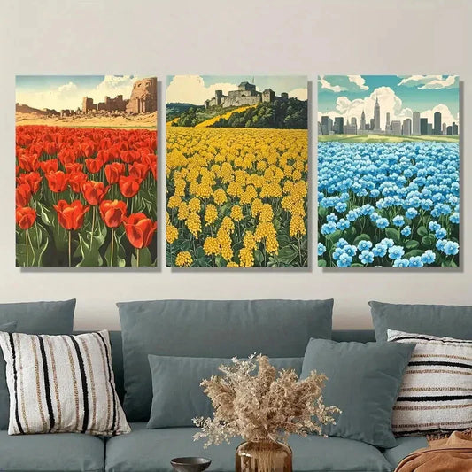 3pcs botanical flower field with red, yellow ,Metal Print Ready to Hang Art