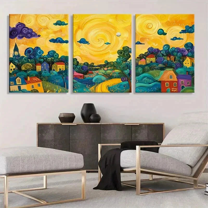 3pcs Swirling Clouds & Bright Sun Vibrant Lands Wall Art Set Canvas Framed 40x60cm - High Quality Print 100% Australian Made Wall Canvas Ready to Hang