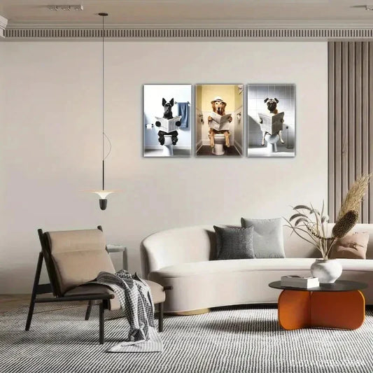 3pcs Puppy Sitting on Toilet and Reading a Book Metal Print Ready to Hang Art