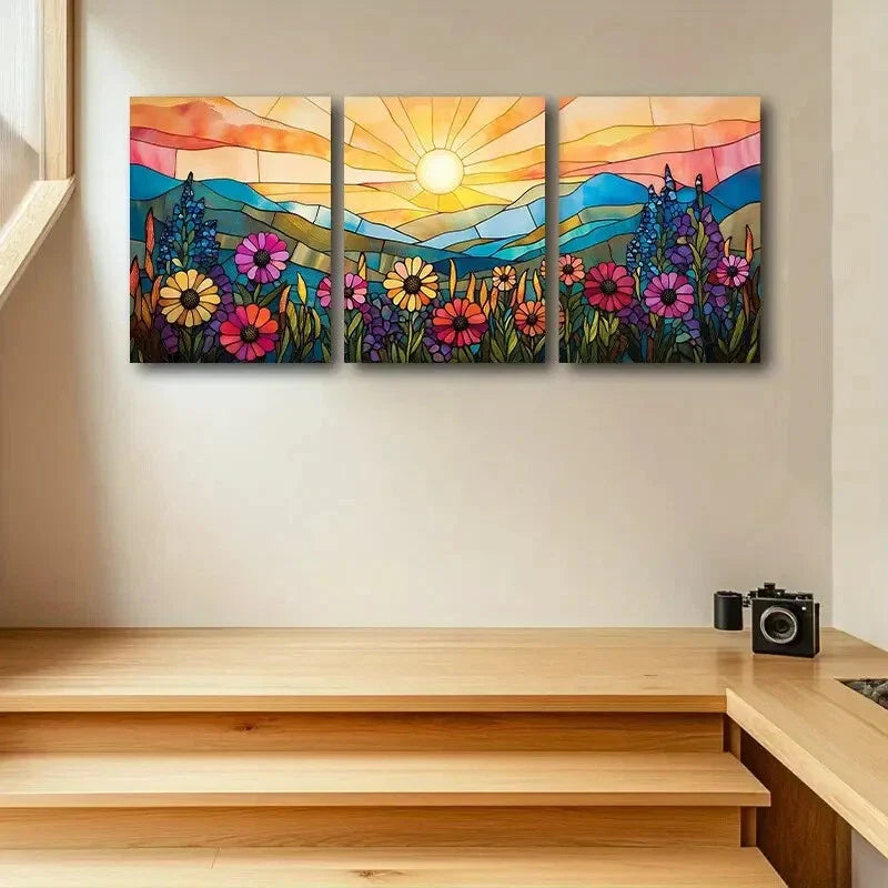3pcs Sun, Mountain, and Florals view Design Metal Print Ready to Hang Art