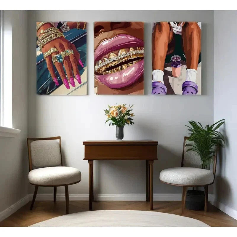 3pcs African American Woman Pink, Purple & Golden Metal Print Ready to Hang Art