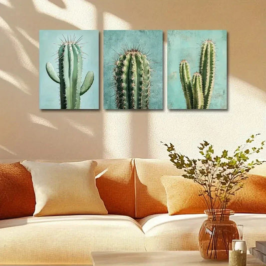 3pcs Green Cactus Trio Design Metal Print Ready to Hang Art
