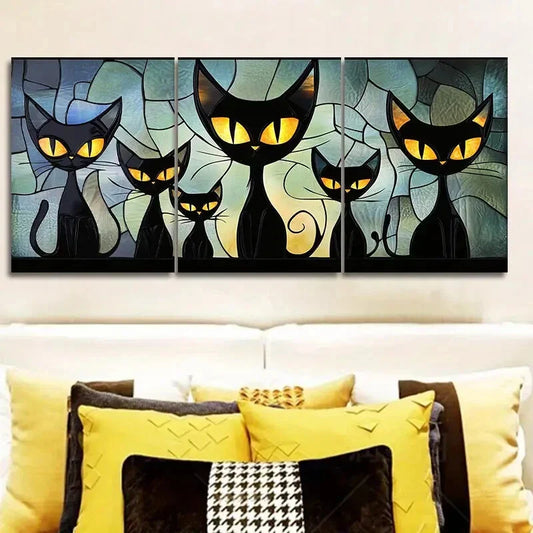 3pcs Featuring a Family of Black Cats Wall Art Set Canvas Framed 40x60cm - High Quality Print 100% Australian Made Wall Canvas Ready to Hang