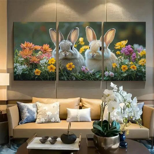 3pcs Easter Soft Furry Rabbits Spring Wildflowers Metal Print Ready to Hang Art