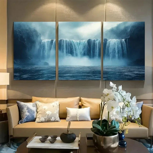 3pcs Majestic Waterfall Cascading Into Misty Water Metal Print Ready to Hang Art