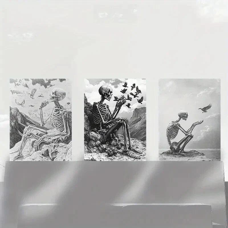 3pcs Skeleton Black and White Birds Metal Print Ready to Hang Art