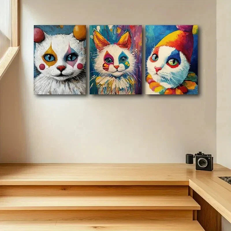 3pcs Vibrant Clown Cat Design Metal Print Ready to Hang Art