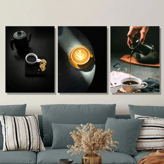 3pcs Black coffee and cake poster, espresso, Metal Print Ready to Hang Art