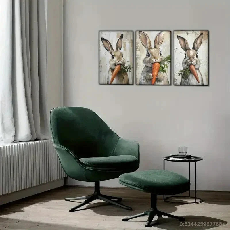 3pcs Cute Bunny and Carrot Whimsical Farmhouse Metal Print Ready to Hang Art