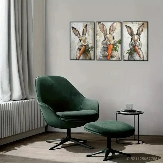 3pcs Cute Bunny and Carrot Whimsical Farmhouse Metal Print Ready to Hang Art