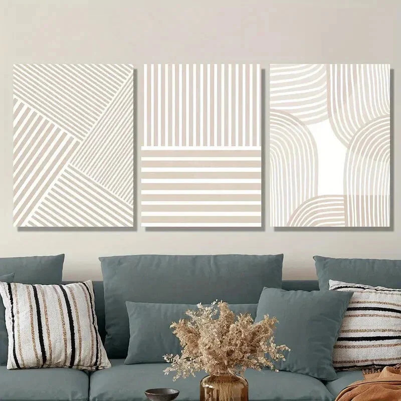 3pcs Geometric Striped Beige, Minimalist Metal Print Ready to Hang Art