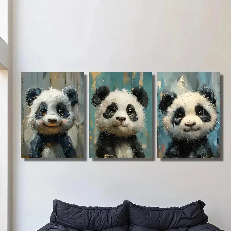 3pcs Cute panda imitation wood board Metal Print Ready to Hang Art