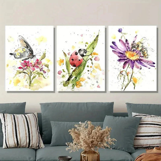 3pcs Butterfly, Ladybug & Bee Flowers & Insects Metal Print Ready to Hang Art