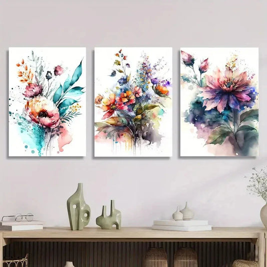 3pcs Bouquet of watercolor colorful flowers iso Metal Print Ready to Hang Art