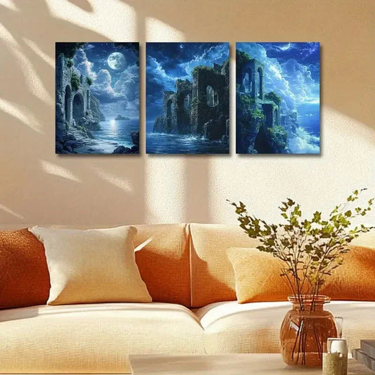 3pcs Seaside site with Moon View Design Metal Print Ready to Hang Art