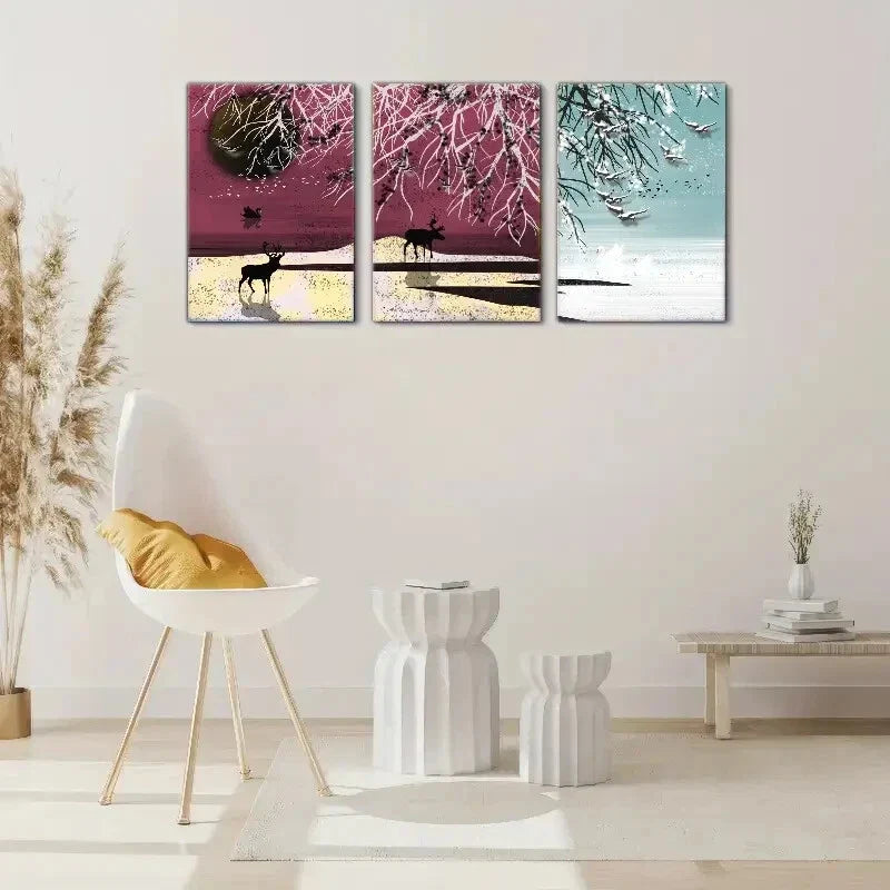 3pcs Sika Deer, Seabirds, and Snowy Landscape Metal Print Ready to Hang Art