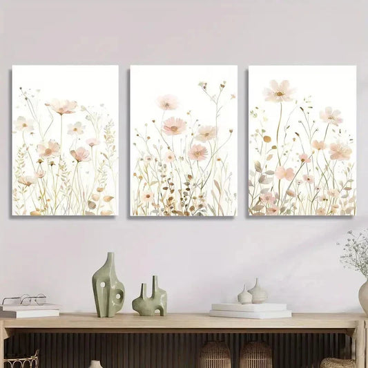 3pcs Soft Pink and Golden Wildflower Wall Art Set Canvas Framed 40x60cm - High Quality Print 100% Australian Made Wall Canvas Ready to Hang
