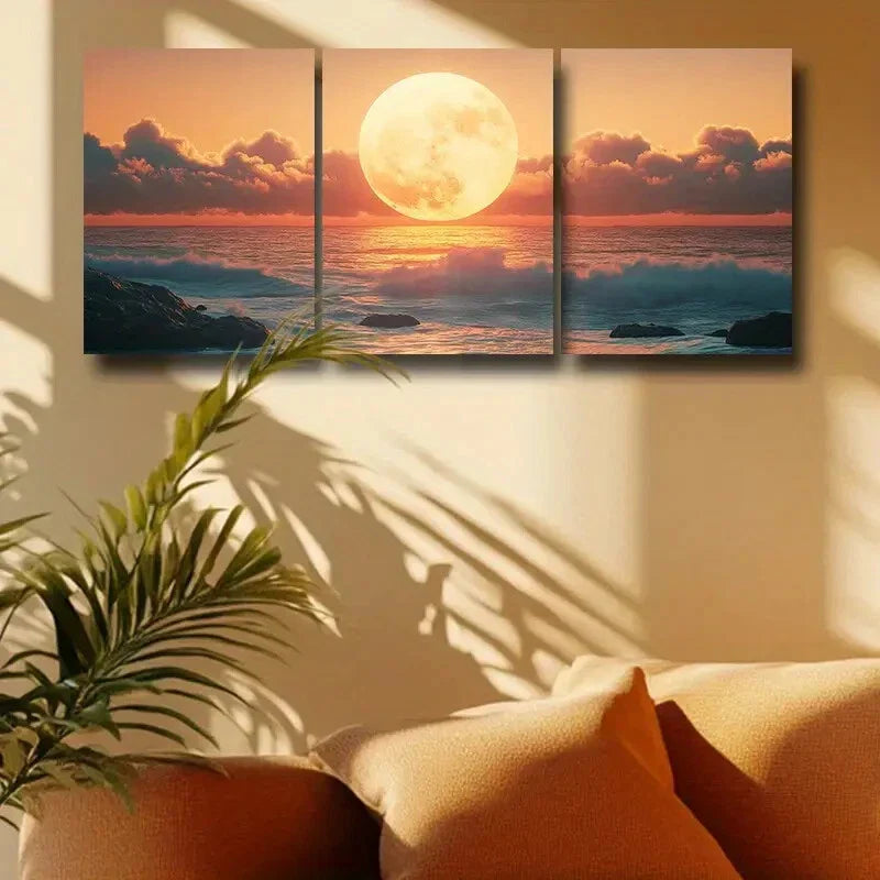 3pcs Vibrant Moonrise over Ocean with Waves Metal Print Ready to Hang Art