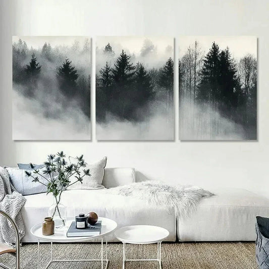 3pcs Trees Foggy Forest Modern Prints Metal Print Ready to Hang Art