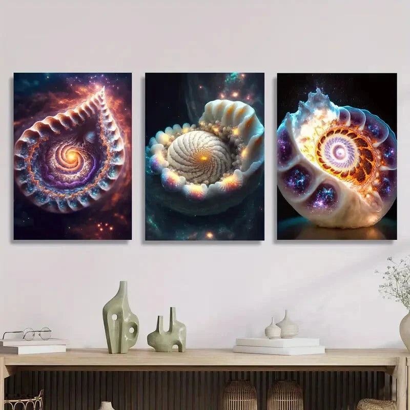 3pcs Cosmic shell art, fantasy Metal Print Ready to Hang Art