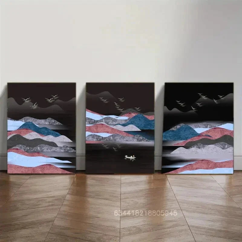 3pcs Distant mountains, landscape art deco poster Metal Print Ready to Hang Art