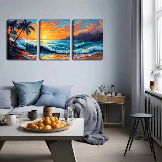 3pcs Coastal Landscape with Palm Trees & Ocean , Wall Art Set Canvas Framed 40x60cm - High Quality Print 100% Australian Made Wall Canvas Ready to Hang
