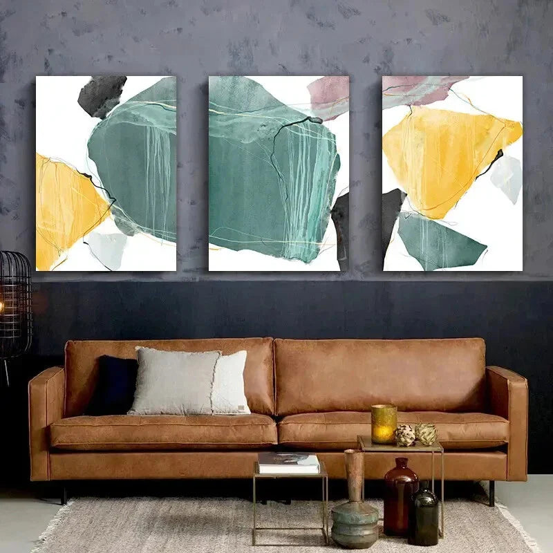 3pcs Yellow Green Marble Modern Metal Print Ready to Hang Art