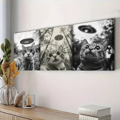 3pcs Cat Capturing A Selfie With A UFO Wall Art Set Canvas Framed 60x90cm - High Quality Print 100% Australian Made Wall Canvas Ready to Hang