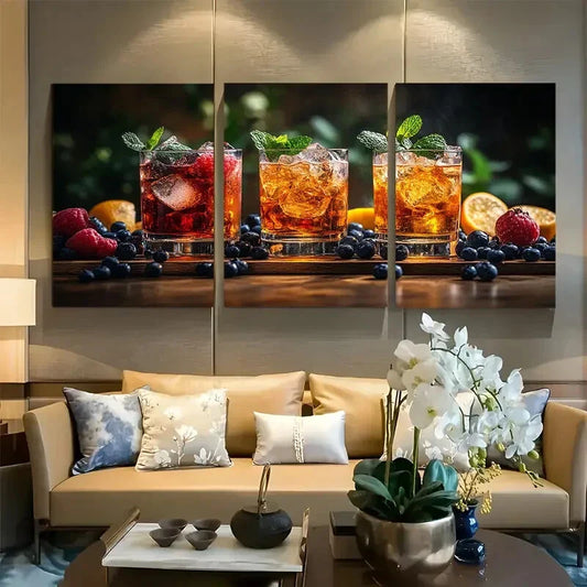 3pcs Refreshing Fruit Cocktails with Mint & Berry Metal Print Ready to Hang Art