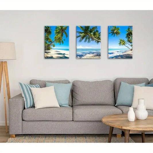 3pcs Coastal Palm Tree & Ocean Seascape Metal Print Ready to Hang Art