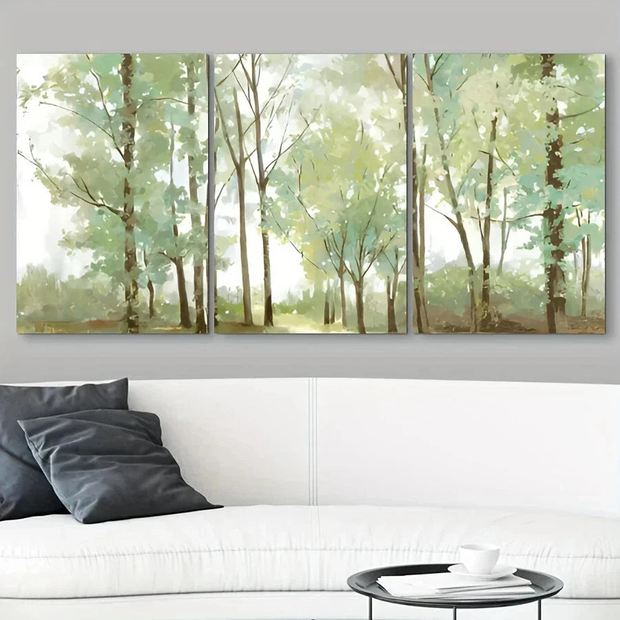 3pcs Abstract Big & Tall Green Trees Oil Painting Metal Print Ready to Hang Art