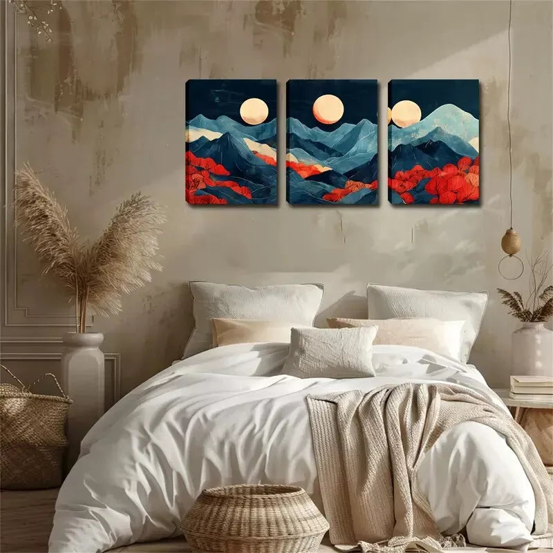 3pcs Abstract Mountain, 3 Moon Wall Art Set Canvas Framed 40x60cm - High Quality Print 100% Australian Made Wall Canvas Ready to Hang