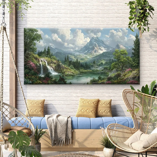 Floral Landscape with Mountains Wall Art Canvas Office Home Room Framed 80x45cm
