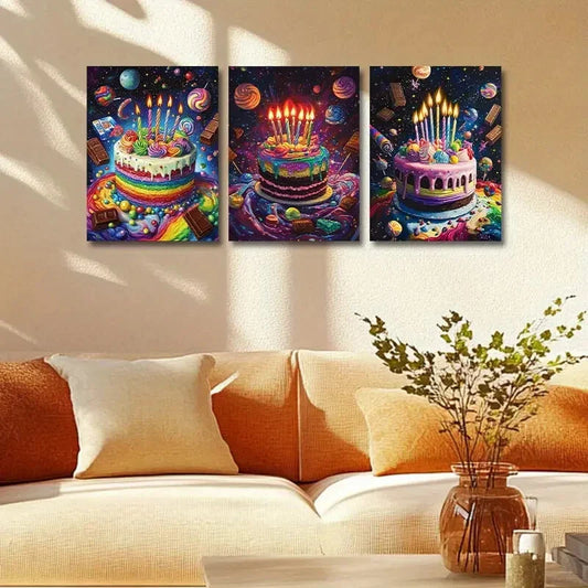 3pcs Colorful Birthday Cake with Candles Design Metal Print Ready to Hang Art