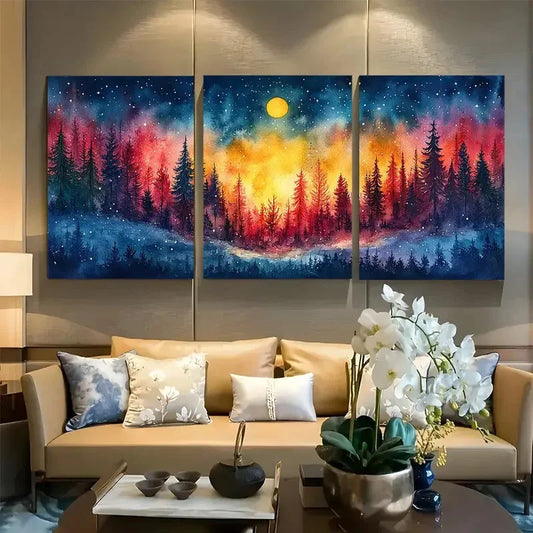 3pcs Whimsical Colorful Forest Starry Night Metal Print Ready to Hang Art